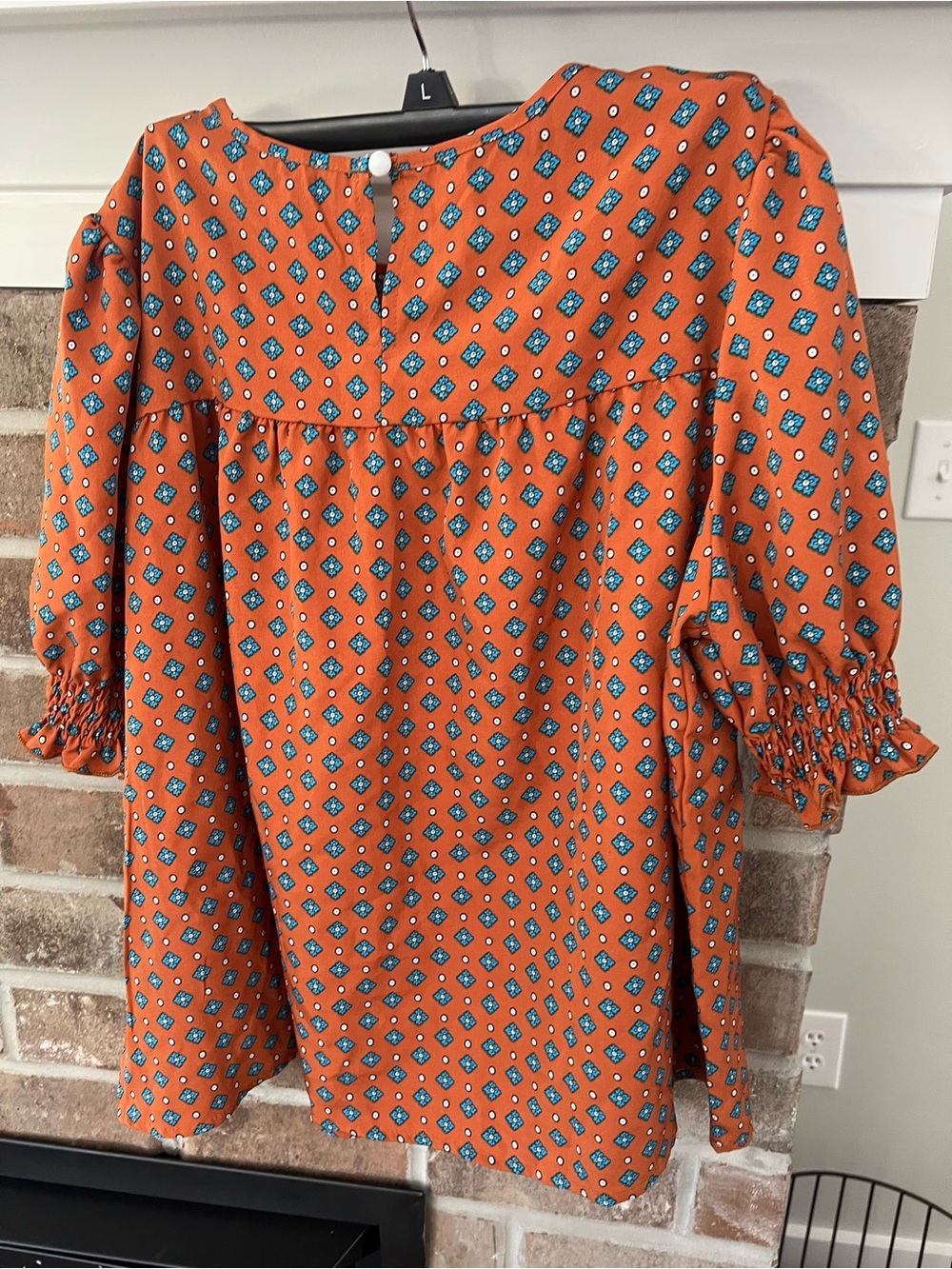 Orange Boho Smocked Sleeve Tunic with Blue Geo Print - Picture 2 of 3